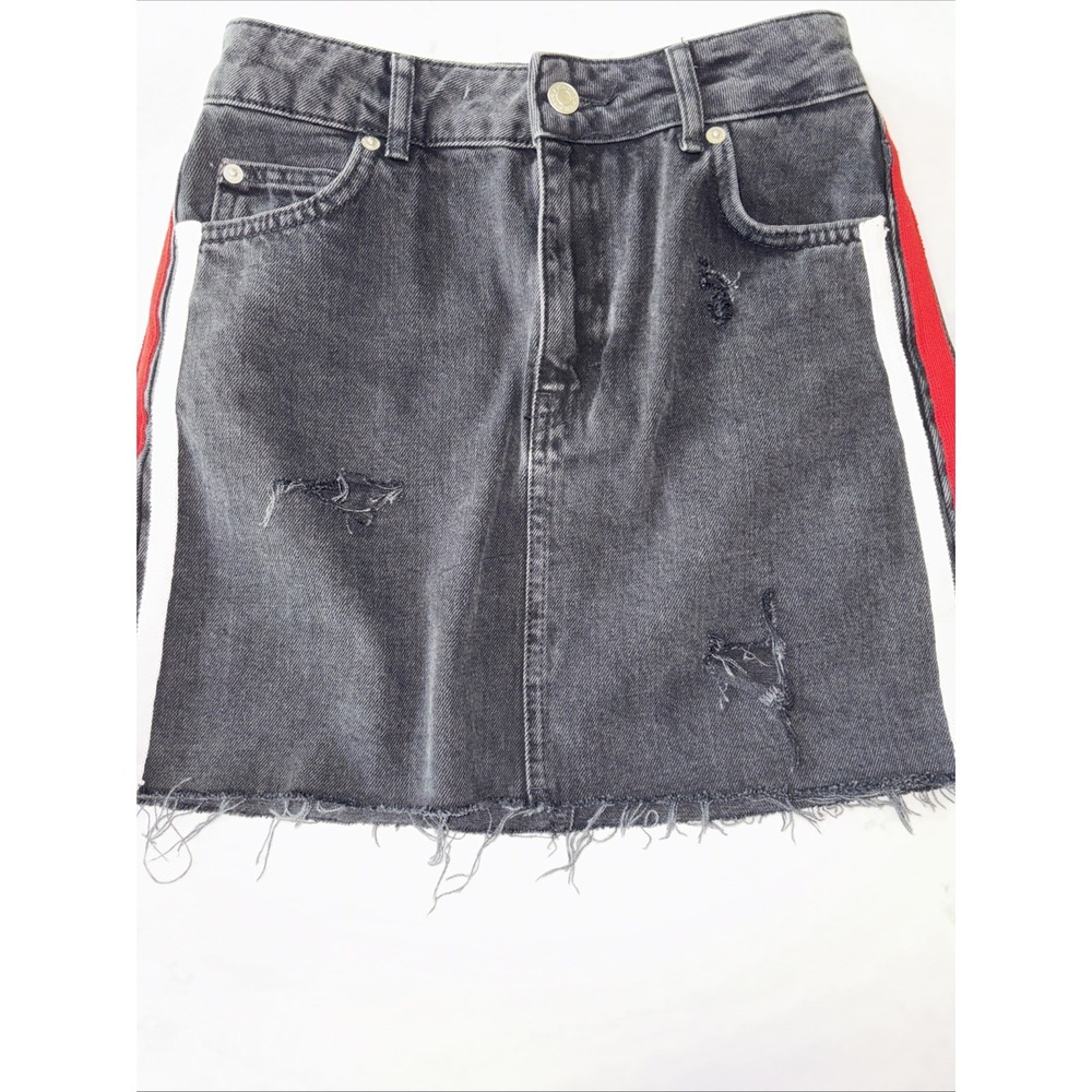 Topshop Womens‎ US 2 UK 6 Black Frayed Hem Striped Moto Denim Mini Skirt Grunge